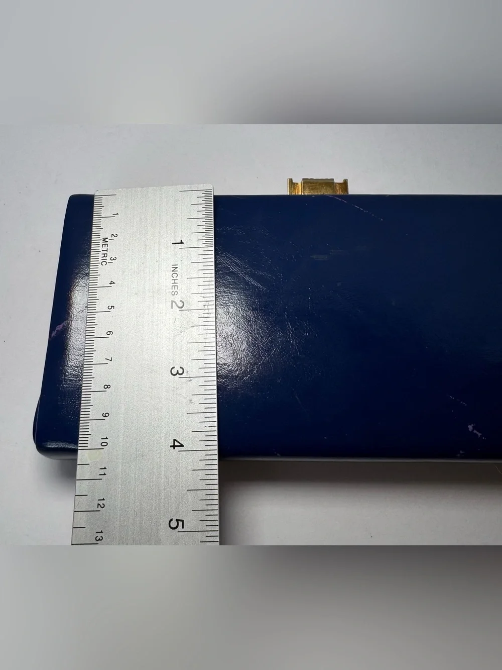 Vintage 1960s Elbief England Navy Blue Patent Box Clutch Bag Gold Clasp